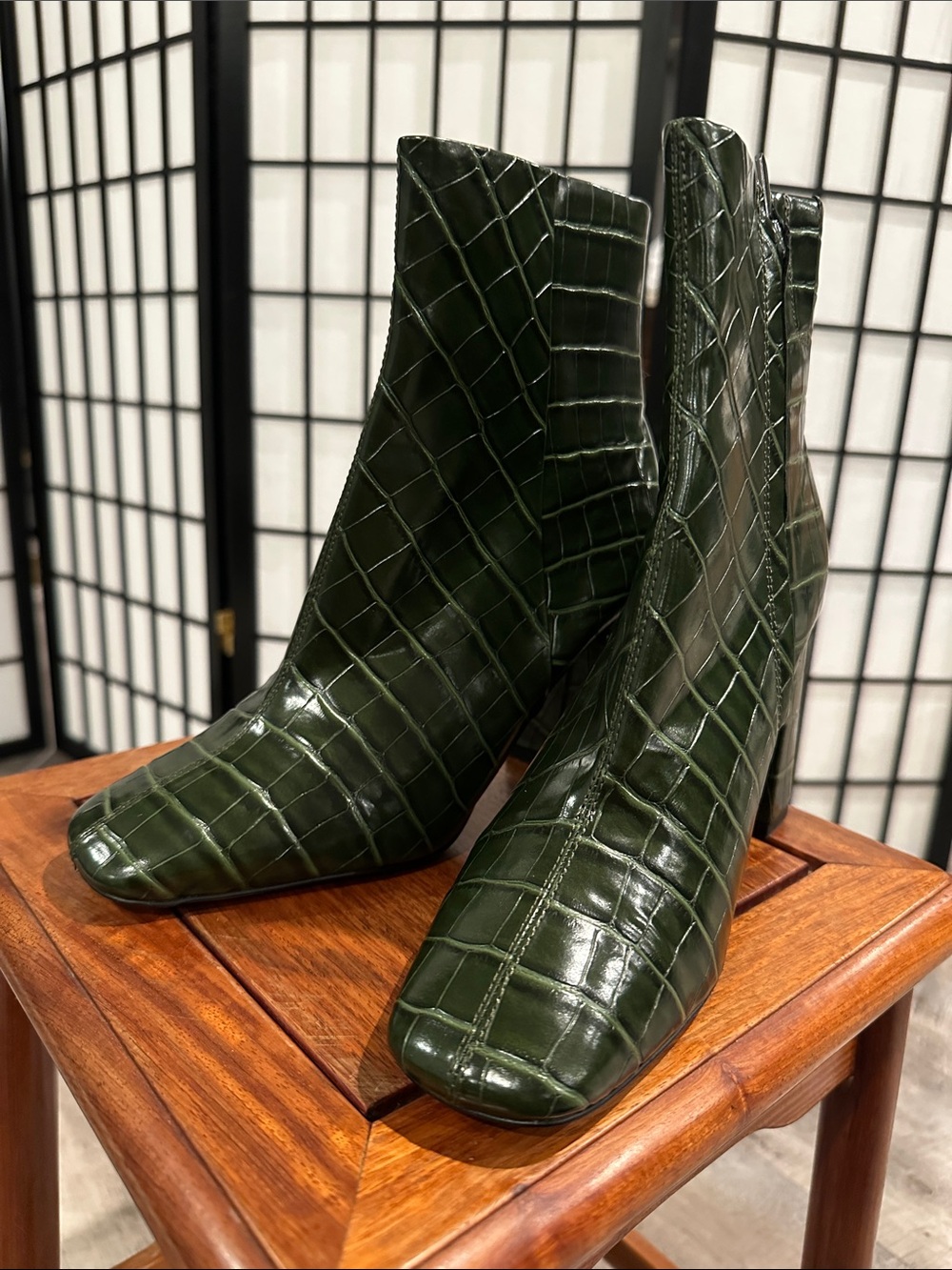 Sam Edelman Dark Green Croc-Embossed Square Toe Ankle Boots